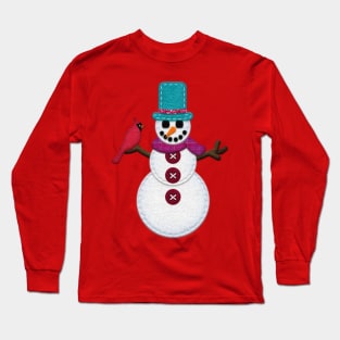 Felt Look Snowman with Cardinal | Christmas Ornies by Cherie(c)2021 Long Sleeve T-Shirt